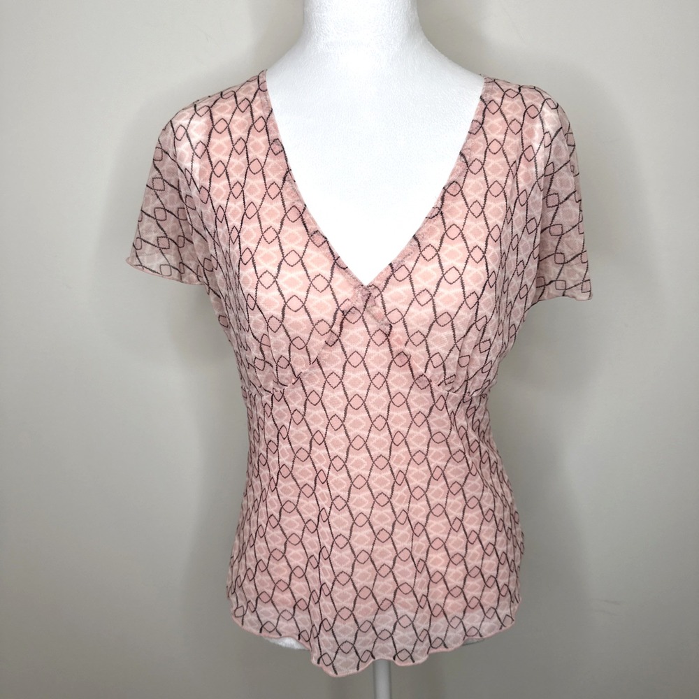 Vintage Y2K Babydoll Mesh Top M Pink Brown Sheer Flutter Sleeve Cowgirl Spears